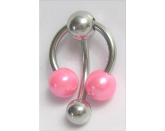 Clitoral Clitorial Clit Hood Bar VCH Vertical  Stainless Steel Big Pink Pearl Balls Dangle Barbell VCH  Ring 14 gauge 14G Intimate Jewelry