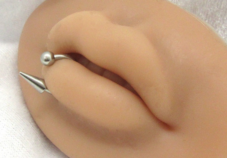 Puede incluir: Un anillo de labio plateado con una peque&ntilde;a bola en un extremo y una punta puntiaguda en el otro extremo.