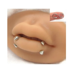 May include: Two silver horseshoe shaped lip rings with pointed ends. The rings are worn in a lip piercing.