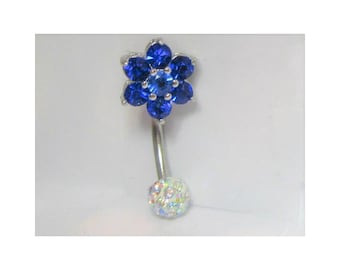 Clitoral Clitorial Clit Hood Bar VCH Vertical  Blue Flower Iridescent Crystal Ball VCH    Ring 14 gauge 14g Intimate Jewelry 1.6mm