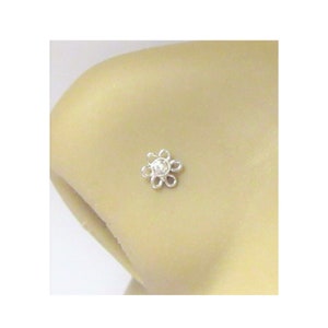 Diamond  Coiled Flower Clear Crystal CZ Nose Stud L Shape Bent Post  Jewelry 22 gauge 22G Nose Jewelry Pin Nostril