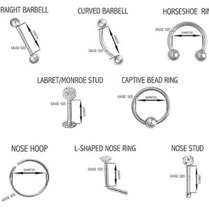 May include: Diagram showing different types of body jewelry, including straight barbell, curved barbell, horseshoe ring, labret/monroe stud, captive bead ring, nose hoop, L-shaped nose ring, and nose stud. Each type of jewelry is labeled with its name and the measurements of gauge size, length, and diameter.