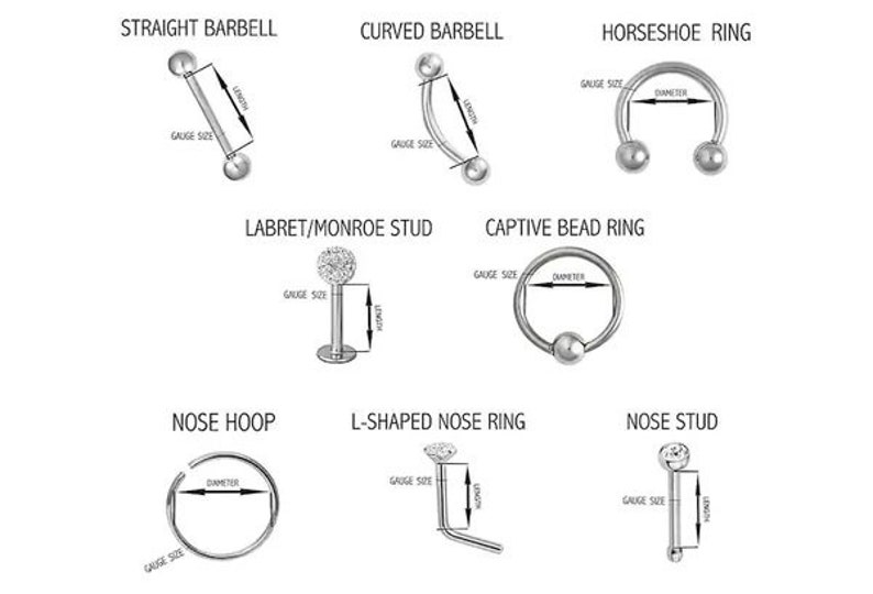 May include: Diagram showing different types of body jewelry, including straight barbell, curved barbell, horseshoe ring, labret/monroe stud, captive bead ring, nose hoop, L-shaped nose ring, and nose stud. Each type of jewelry is labeled with its name and the measurements of gauge size, length, and diameter.