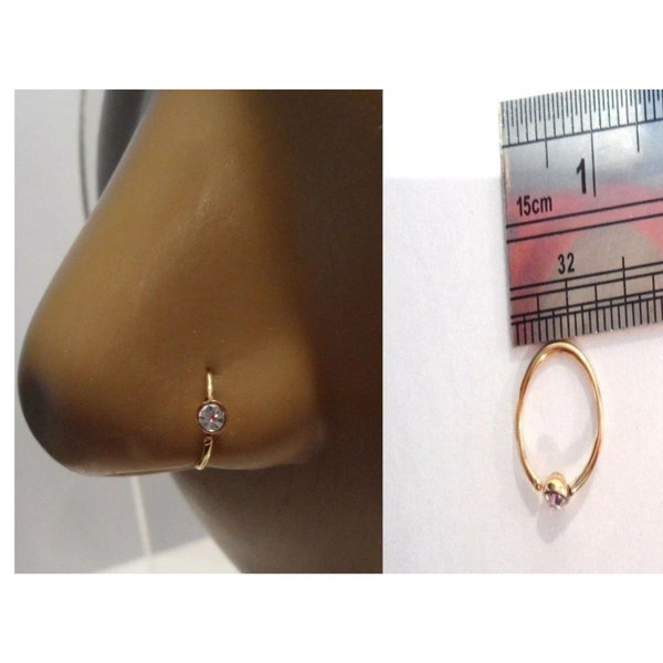 Diamond Gold Black Titanium Cup Clear Gem Crystal Nose Hoop Ring Nostril Hoop Ring Seamless Hoop 20G 8mm Diameter 20 Gauge Nostril