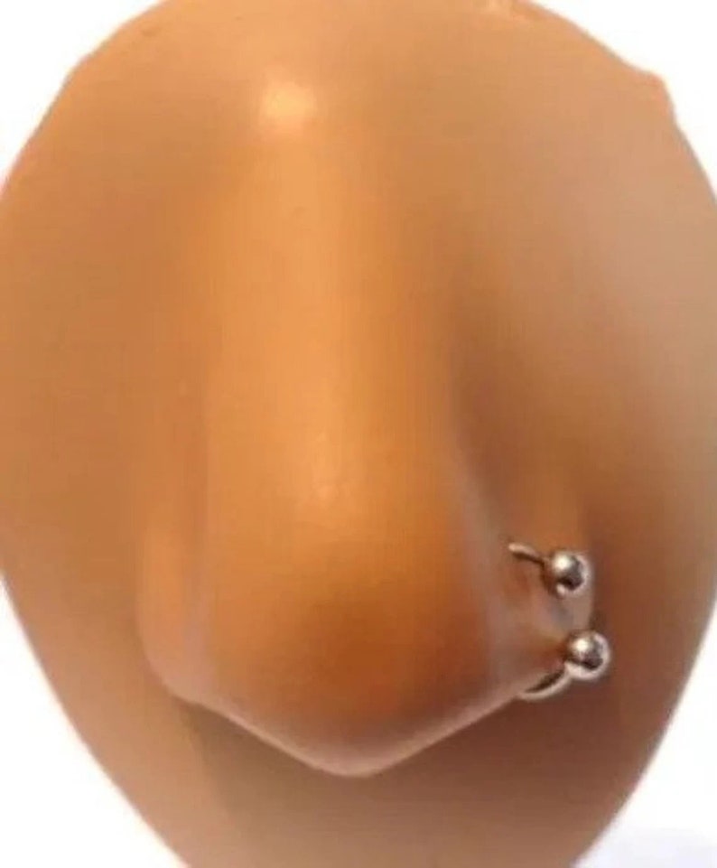 May include: A close-up of a fake nose with a silver nose ring. The nose ring has two small silver balls on each end.