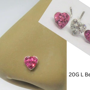 Rose Clear or Fuchsia Crystal Heart Nose Stud L Bend Shape Bent Post Pin Jewelry 20 gauge 20G Nose Jewelry Pin Nostril