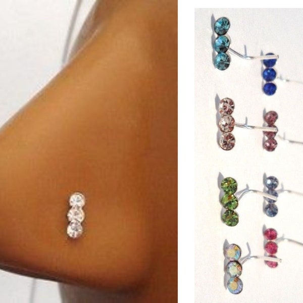 Triple Crystal Gem CZ Nose Stud L Shape Bent Post  Jewelry Thin Gauge 22 gauge 22G Nose Jewelry Pin Nostril