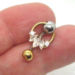 14G Gold Silver 2 Tone Reverse Top Down Marquise Belly Ring Hoop Belly Piercing Reverse Belly Bar Barbell 14 Gauge