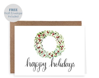 Happy Holidays Card | Watercolor Wreath | Wreath Holiday Card | Set of Christmas Cards | Christmas Cards | Holiday Cards | Colorful Card