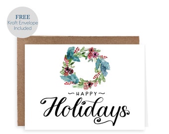 Happy Holidays Card | Watercolor Wreath | Wreath Holiday Card | Set of Christmas Cards | Christmas Cards | Holiday Cards | Colorful Card
