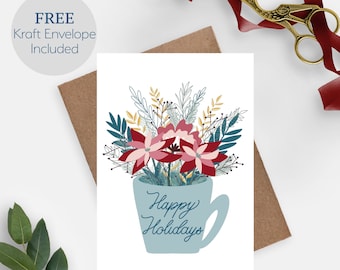 Happy Holidays Mug Card | Floral Christmas Card | Holiday Mug Card Set | Set of Christmas Cards | Holiday Cards | Colorful Christmas Cards