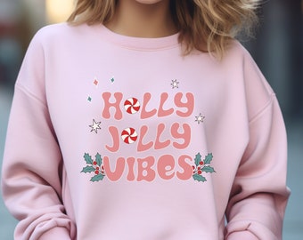 Holly Jolly Vibes Sweatshirt | Women's Holiday Sweatshirt | Christmas Sweatshirt | Cute Holiday Sweatshirt | Pink Holly Jolly Sweatshirt