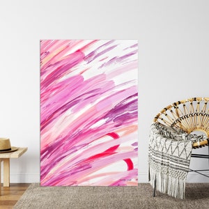 May include: Abstract painting with pink, purple, and white brushstrokes. The brushstrokes are layered and create a sense of movement and depth. The painting is on a white background.