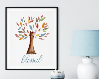 Thankful | Grateful | Blessed | Hand-Lettered | Watercolor | Print | Fall Art | Autumn Decor | Tree Art | Seasonal Decor