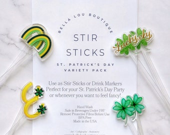 St. Patrick's Day Acrylic Stir Sticks | Cocktail Stirrer | Reusable | Drink Markers | Swizzle Sticks | St. Paddy's Day Party | Accessories