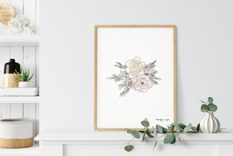 Printable Floral Bouquet Dusty Rose Digital Flower Floral Painted Digital Download includes 5x7, 8x10, 11x14, 16x20 inches image 1