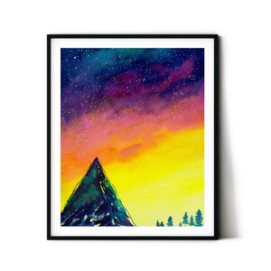 Galaxy Art Print | Northern Lights Watercolor Print | Night Sky | Aurora Borealis Poster | Stars | Nature | Trees