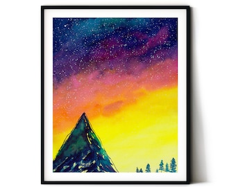 Watercolor Galaxy Art Print: Northern Lights, Night Sky