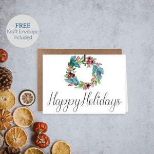 Happy Holidays Card Watercolor Wreath Wreath Holiday Card Set of Christmas Cards Christmas Cards Holiday Cards Colorful Card image 3