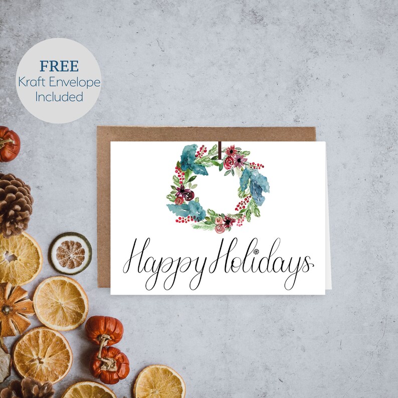 Happy Holidays Card Watercolor Wreath Wreath Holiday Card Set of Christmas Cards Christmas Cards Holiday Cards Colorful Card image 3