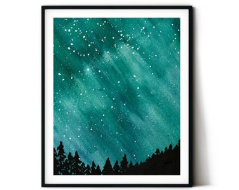 Northern Lights Watercolor Print | Night Sky | Aurora Borealis Poster | Galaxy | Stars | Nature | Trees | Watercolor