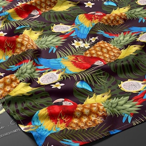 May include: A fabric with a tropical pattern featuring colorful parrots, pineapples, dragon fruit, and tropical leaves on a dark background. The design includes white flowers and blue butterflies. The fabric is likely used for apparel or home decor.