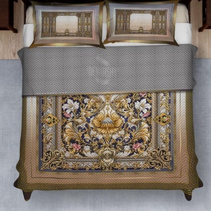 Golden Fleur Quilted Coverlet & Pillow Sham, Decorative Floral Bedspread, Luxurious Baroque Bed linen, Floral Print Bedcover Gift | 104958