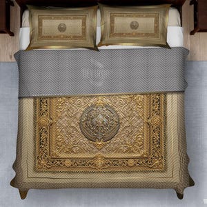 Intricate Gold Quilted Coverlet & Pillow Sham, Vintage Baroque Bedcover, Luxurious Quilted Bed Linen, Regal Quilted Bedspread | 104951