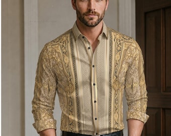 Ornate Gold Cotton Shirt, Full Sleeve Shirt, Micro or Poly Silk Shirt, Casual Wear, Summer Shirt, Resort Beach Wear, Baroque Shirt | 104951
