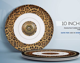 May include: A 10-inch round plate with a leopard print design. The plate is made from a revolutionary material that is safe for use in ovens and microwaves up to 300 degrees Fahrenheit for 60 minutes. It is also dishwasher safe.