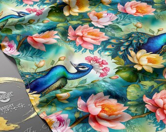 Peacock Floral Fabric, Combed Cotton Pima Fabric by the Yard, Spun Poly Fabric, Peacock Print Fabric, Quilting Apparel Décor Fabric | D20350