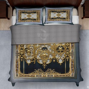 Opulent Baroque Quilted Coverlet & Pillow Sham, Royal Ornate Bedcover, Chevron Quilted Bedspread, Luxurious Quilted Bed Linen | 104932