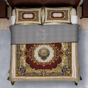 Royal Baroque Quilted Coverlet & Pillow Sham, Vintage Ornate Ruby Bedcover, Chevron Quilted Bedspread, Luxurious Quilted Bed Linen | 104927B