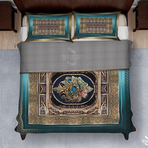 Art Nouveau Quilted Coverlet & Pillow Sham, Peacock Queen Bedspread, Vintage Bedcover, Luxurious Bed Linen, Regal Quilted Bedspread | 104953