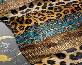 May include: A fabric with a striking animal print design. The pattern features leopard spots in shades of brown and yellow, complemented by sections of teal and faux reptile skin textures in gold and brown.