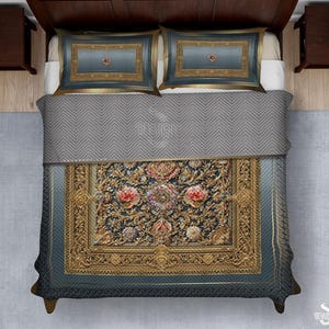Ornate Florals Quilted Coverlet & Pillow Sham, Vintage Bedspread, Quilted Bedcover, Luxurious Bed Linen, Baroque Florals Bedspread | 104950