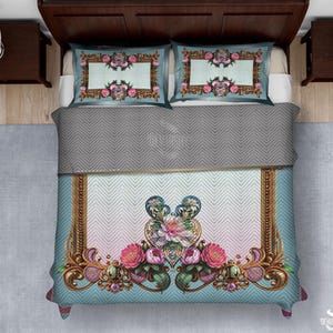 Decorative Florals Quilted Coverlet & Pillow Sham, Royal Florals Bedcover, Vintage Baroque Bedspread, Luxurious Quilted Bed Linen | 10222