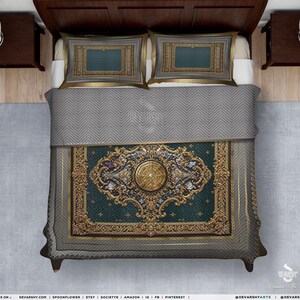 Baroque Green Quilted Coverlet & Pillow Sham, Elegant Bed Cover, Luxurious Gift, Baroque Coverlet, Regal Bedspread | 104959