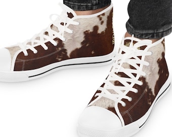 Cow PRINT Shoes, Unisex High Top Sneakers, Black & White Canvas Shoes, Animal Print Shoes, Trendy Cowhide Sneakers