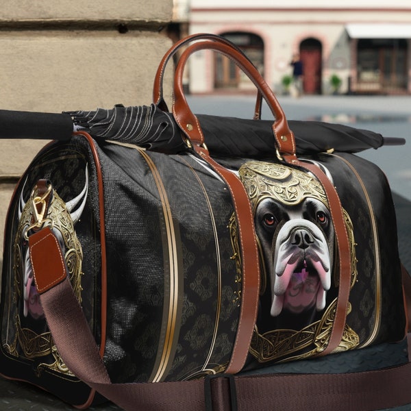 Sac bouledogue viking Sac en cuir PU Sac de voyage pour chien guerrier Bagages en cuir Bagages de voyage pour bouledogues