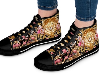 Versierde Leeuw Schoenen Vrouwen Hoge Top Sneakers Barokke Bloemen Schoenen Zwart & Wit Canvas Schoenen | X3361