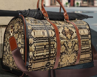 Zardouzi Print Bag PU leather Bag Embroidery Print Luggage Brown Duffle Bag Leather Luggage