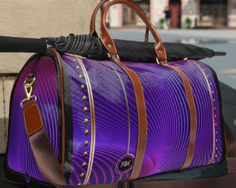 Violet Stripes Bag PU Leather Bag Nazca Lines Luggage Stripes Travel Bag Leather Luggage Purple Duffle Bag