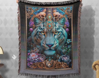 Blue Tiger Woven Blanket, 100% Cotton Throw Blanket, Animal Print Blanket, Woven Wall Tapestry, Luxury Woven Throw, Cotton Blanket | 104964