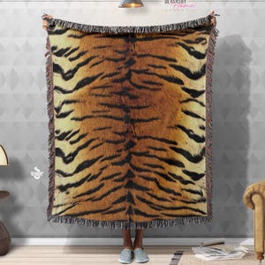 Tiger Print Woven Blanket, Cotton Throw Blanket, Animal Print Woven Blanket, Woven Wall Tapestry, Woven Bedding, Fringes Blanket | 100178