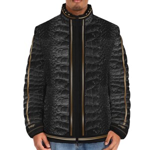 Black Croc Pattern Puffer Jacket, Luxury Men Winter Coat, Designer Outerwear, Crocodile Print Jacket, Winter Wear, Streetwear Style | 11224