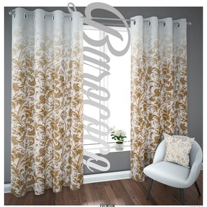 Floral Pattern White Curtain Panel, Grommet Curtain, 9 Fabrics Heavy & Sheer, 3 Sizes, Custom Made Curtain, Gold Pattern Curtain, Home Décor