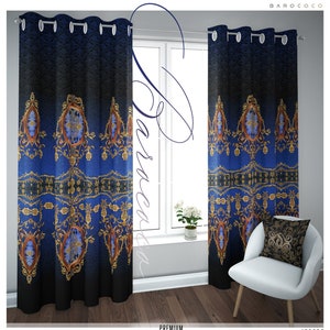 Painel de Cortina Azul Luxuoso, Cortina com Ilhós, 9 Tecidos Pesados e Transparentes, 3 Tamanhos, Cortina Barroca, Cortinas Sob Medida, Decoração para Casa | 100239