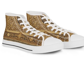 Golden Baroque Shoes, Trendy High Top Sneakers, Fashionable Unisex Canvas Shoes, Gold embroidery Print Shoes, Casual Wear Sneakers | 104951