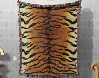 Tiger Print Woven Blanket, Cotton Throw Blanket, Animal Print Woven Blanket, Woven Wall Tapestry, Woven Bedding, Fringes Blanket | 100178